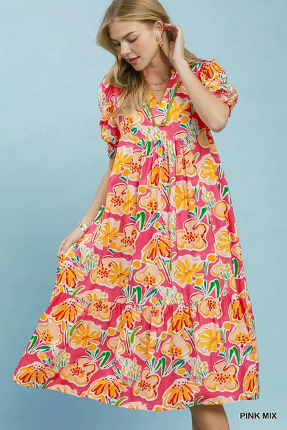 Umgee Floral Print Puff Sleeve Tiered Midi Dress - Bitsy Gypsy Boutique