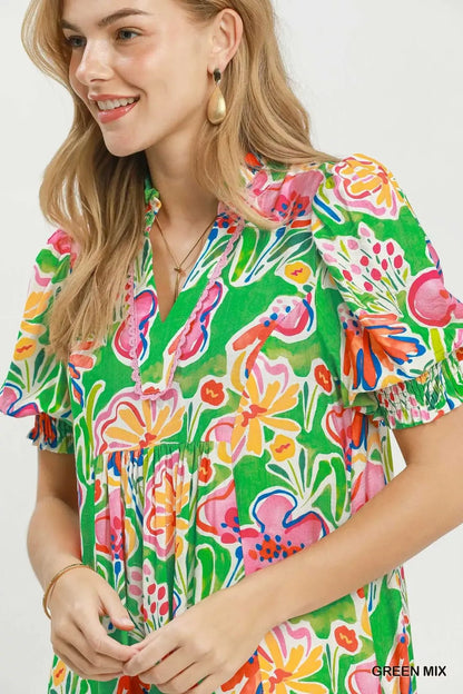 Umgee Floral Print Puff Sleeve Tiered Midi Dress - Bitsy Gypsy Boutique