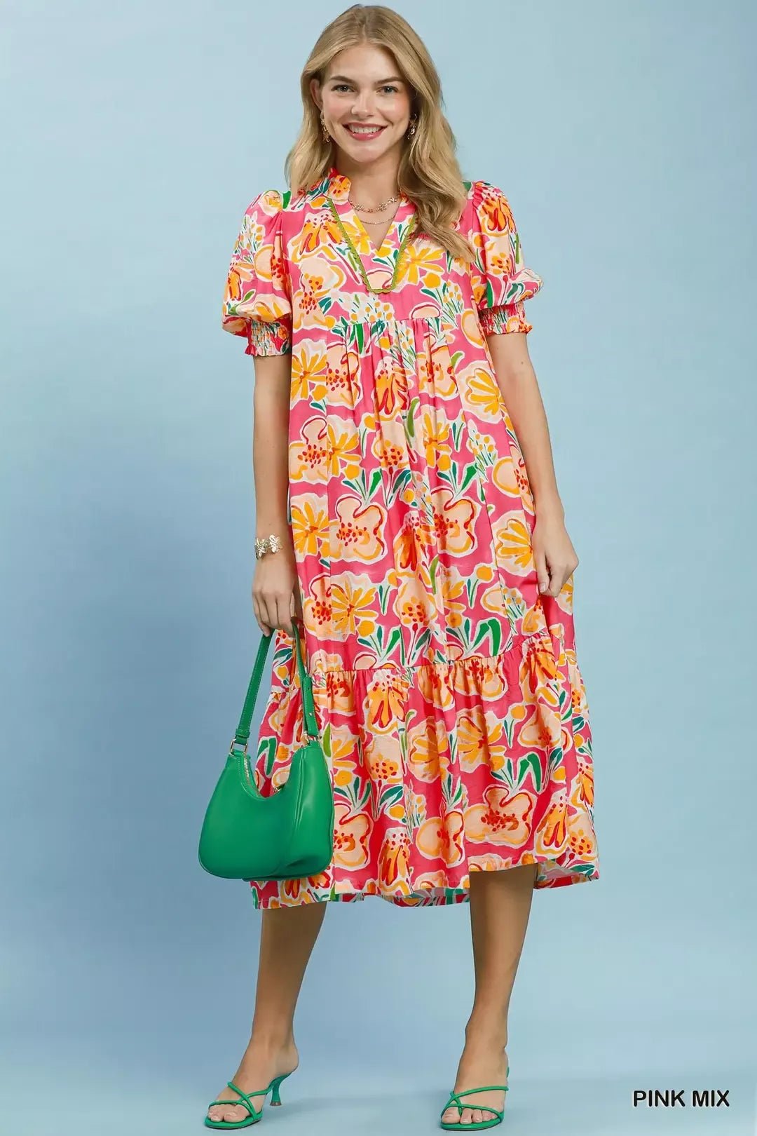 Umgee Floral Print Puff Sleeve Tiered Midi Dress - Bitsy Gypsy Boutique