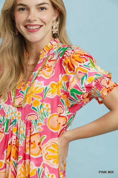 Umgee Floral Print Puff Sleeve Tiered Midi Dress - Bitsy Gypsy Boutique