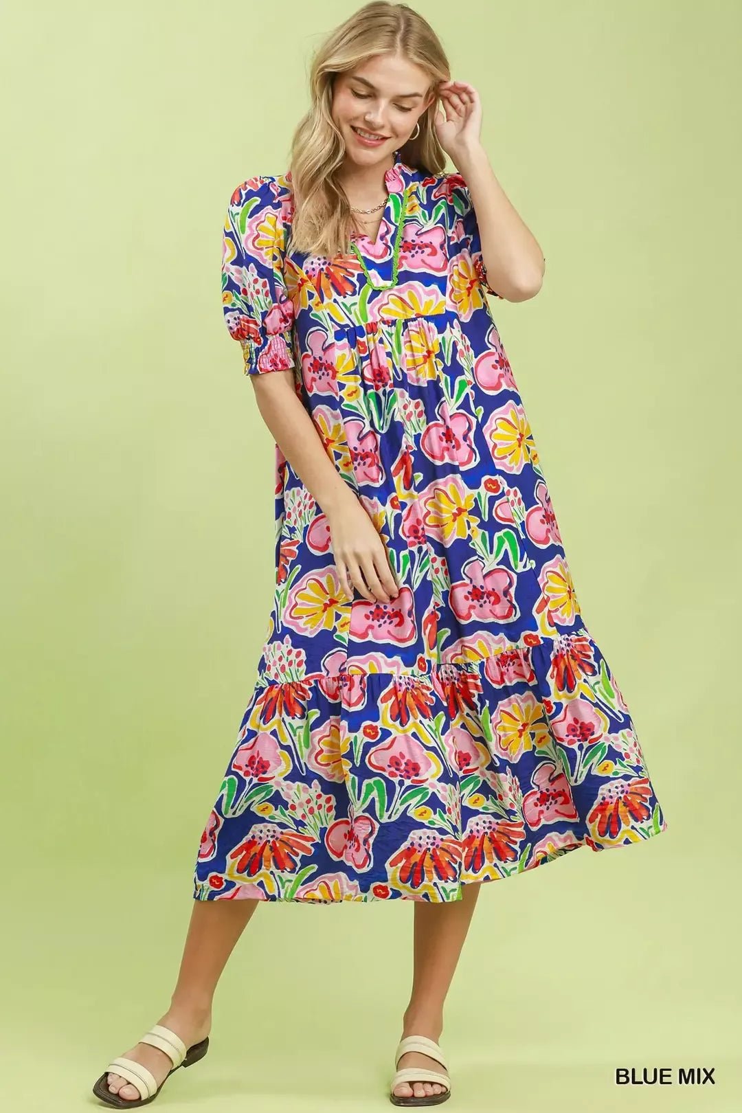 Umgee Floral Print Puff Sleeve Tiered Midi Dress - Bitsy Gypsy Boutique