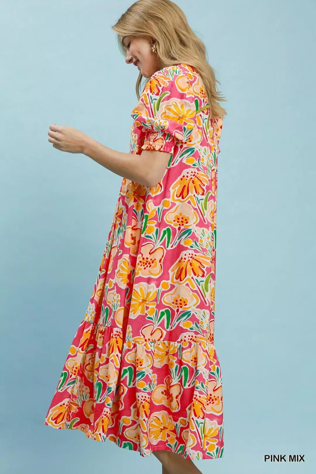 Umgee Floral Print Puff Sleeve Tiered Midi Dress - Bitsy Gypsy Boutique