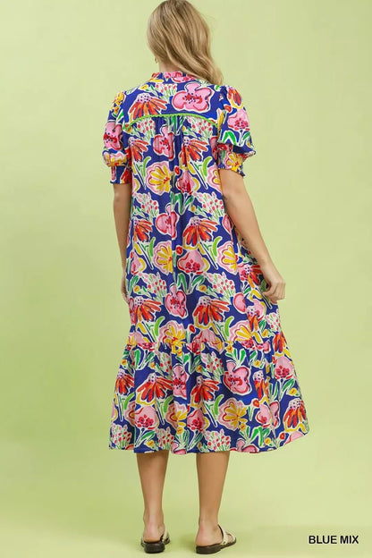Umgee Floral Print Puff Sleeve Tiered Midi Dress - Bitsy Gypsy Boutique