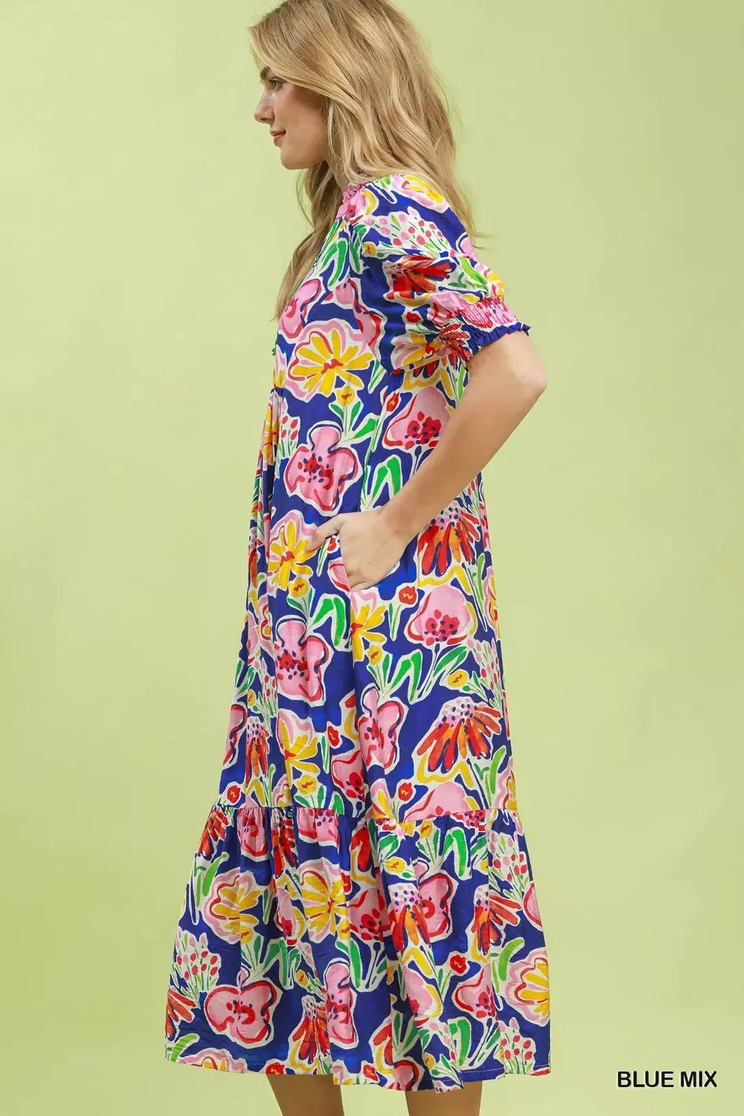 Umgee Floral Print Puff Sleeve Tiered Midi Dress - Bitsy Gypsy Boutique
