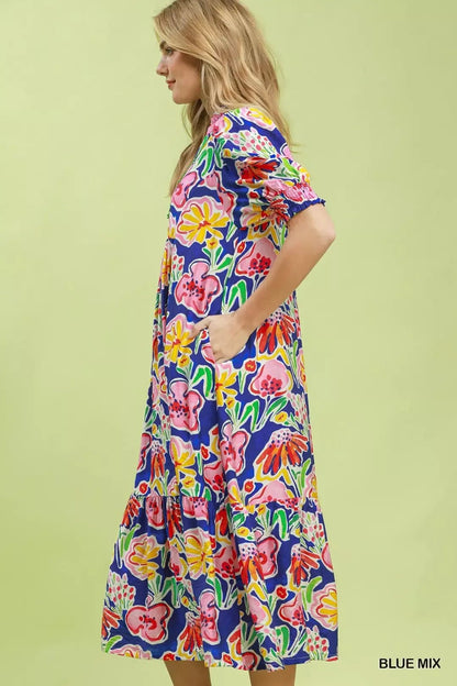 Umgee Floral Print Puff Sleeve Tiered Midi Dress - Bitsy Gypsy Boutique