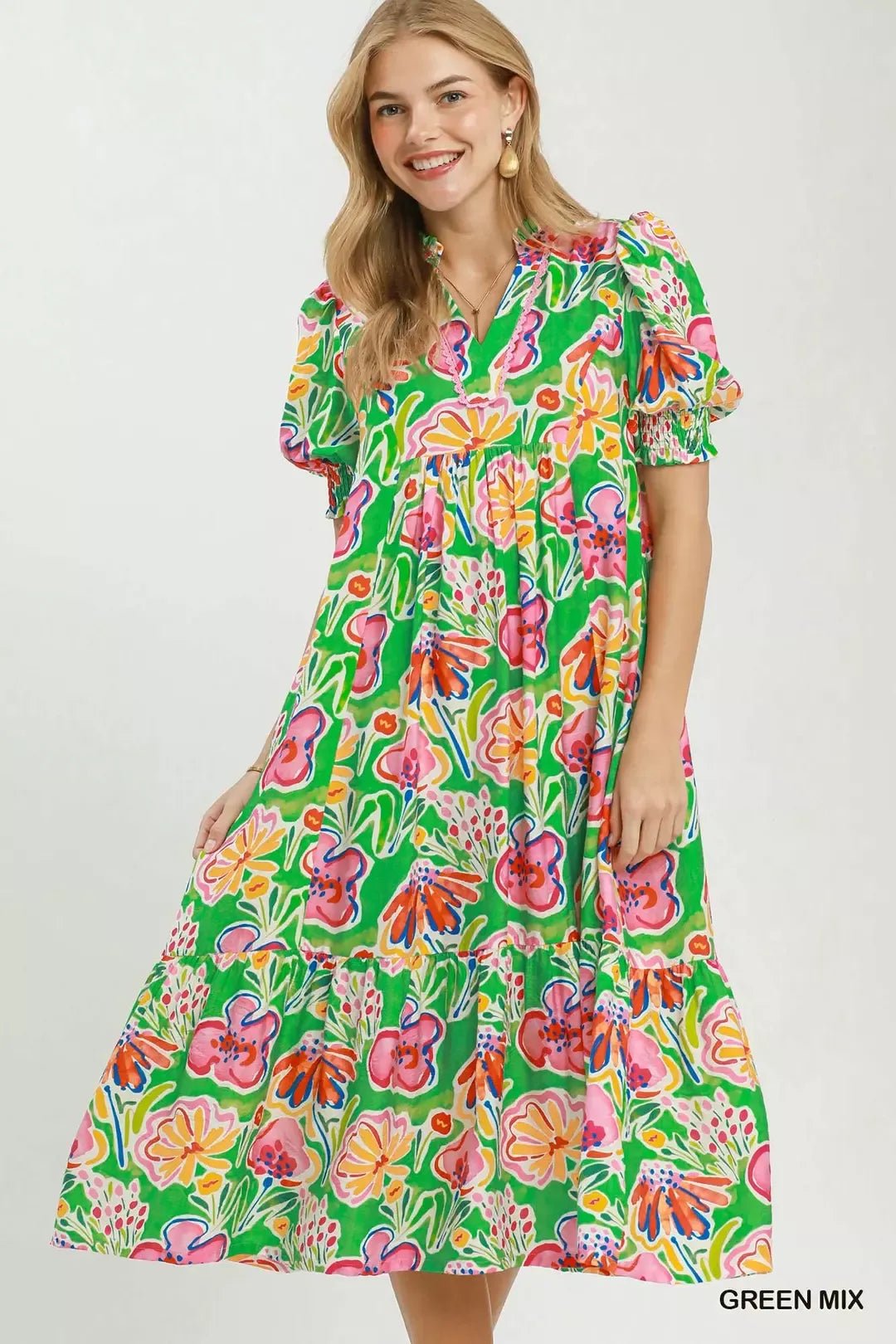 Umgee Floral Print Puff Sleeve Tiered Midi Dress - Bitsy Gypsy Boutique