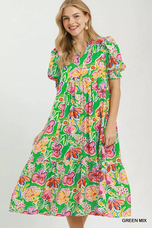 Umgee Floral Print Puff Sleeve Tiered Midi Dress - Bitsy Gypsy Boutique