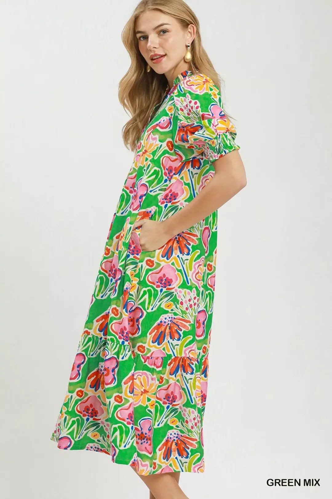 Umgee Floral Print Puff Sleeve Tiered Midi Dress - Bitsy Gypsy Boutique