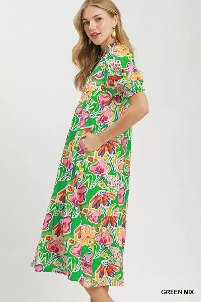 Umgee Floral Print Puff Sleeve Tiered Midi Dress - Bitsy Gypsy Boutique