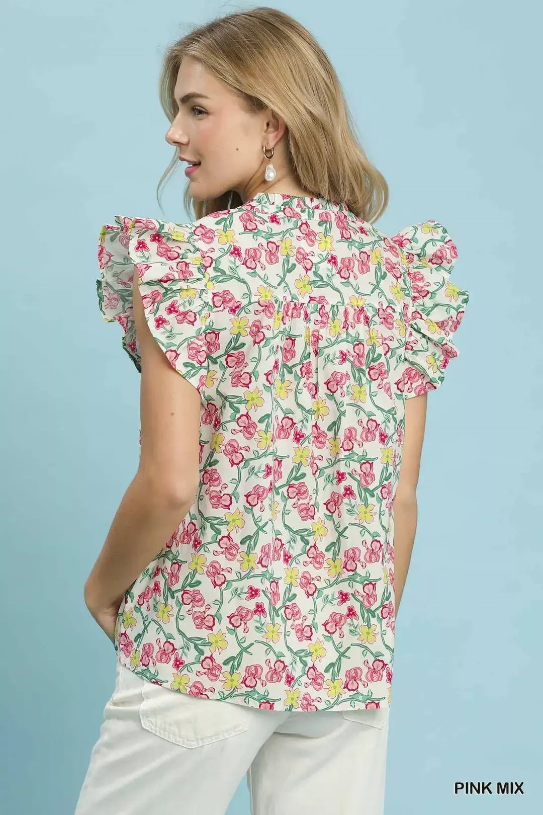 Umgee Floral Print Ruffle Cap Sleeve Shirt - Bitsy Gypsy Boutique