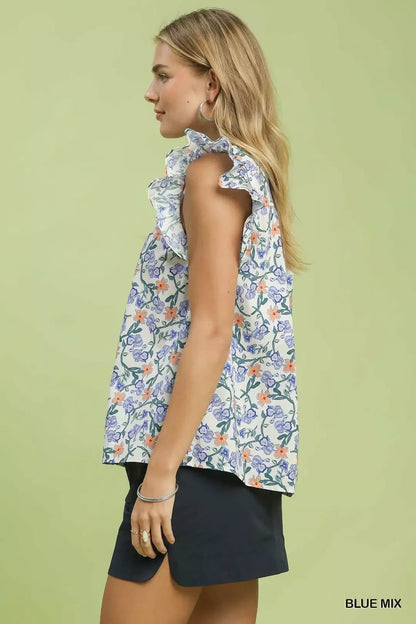 Umgee Floral Print Ruffle Cap Sleeve Shirt - Bitsy Gypsy Boutique