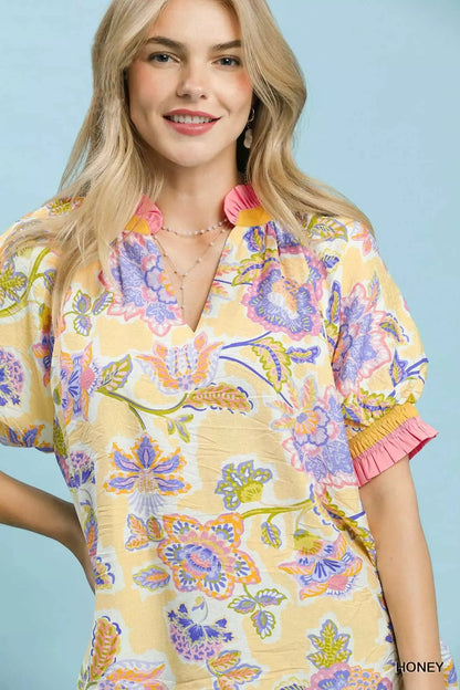 Umgee Floral Print Ruffled Short Sleeve Top - Bitsy Gypsy Boutique