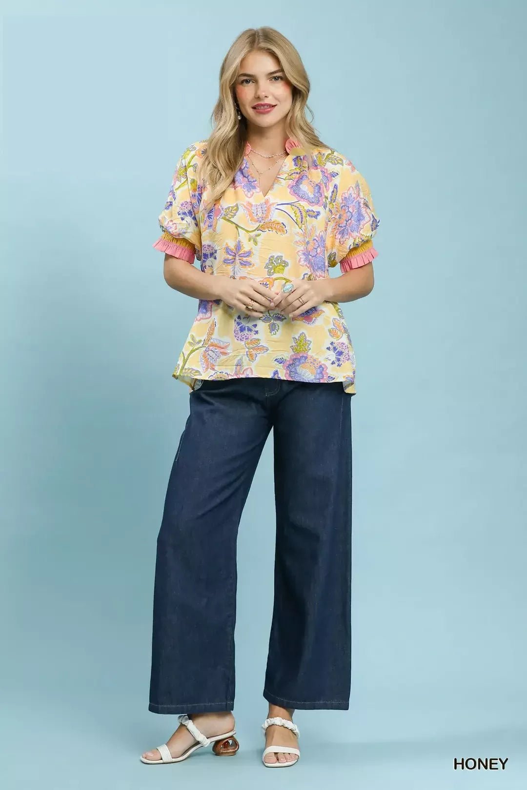 Umgee Floral Print Ruffled Short Sleeve Top - Bitsy Gypsy Boutique