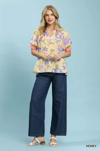 Umgee Floral Print Ruffled Short Sleeve Top - Bitsy Gypsy Boutique