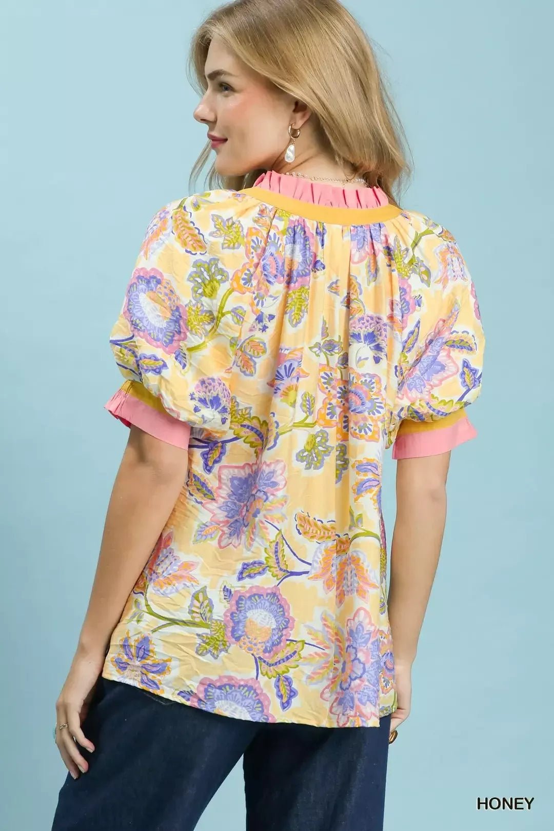 Umgee Floral Print Ruffled Short Sleeve Top - Bitsy Gypsy Boutique