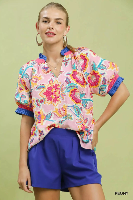 Umgee Floral Print Ruffled Short Sleeve Top - Bitsy Gypsy Boutique