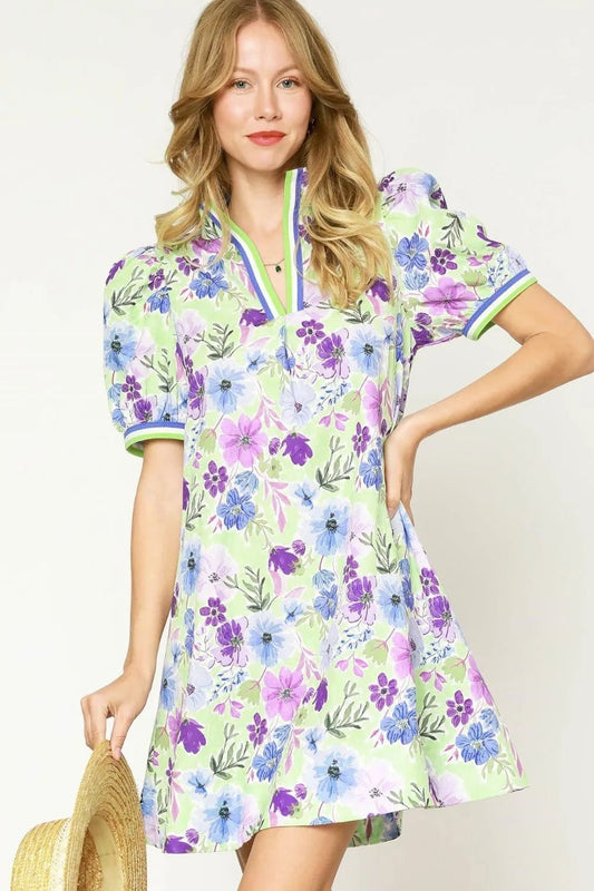 Umgee Floral Print Short Puff Sleeve Mini Dress - Bitsy Gypsy Boutique