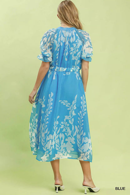 Umgee Floral Print Tie Waist Midi Dress with Side Pockets - Bitsy Gypsy Boutique