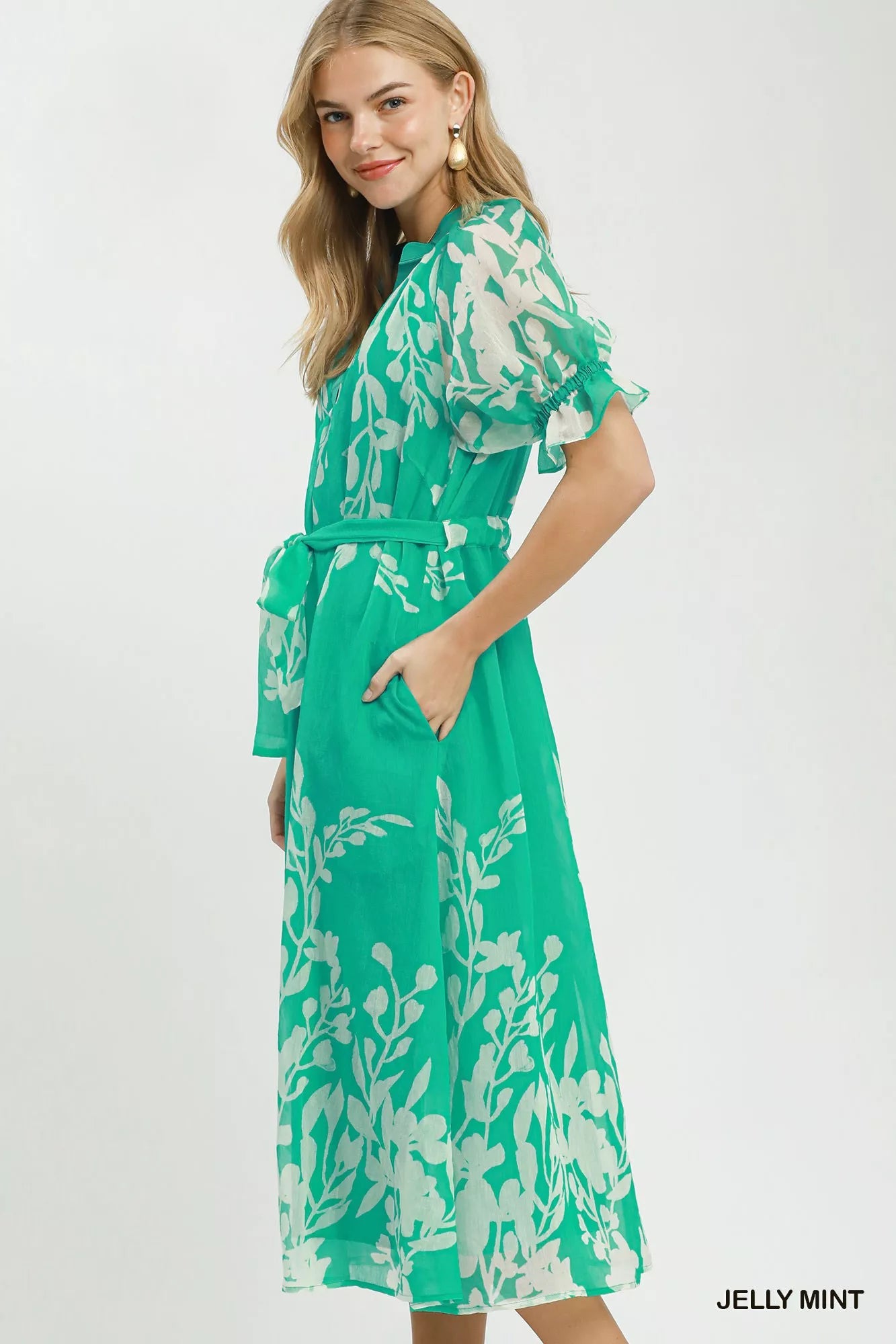 Umgee Floral Print Tie Waist Midi Dress with Side Pockets - Bitsy Gypsy Boutique