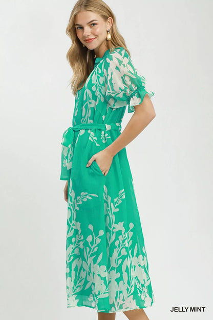 Umgee Floral Print Tie Waist Midi Dress with Side Pockets - Bitsy Gypsy Boutique