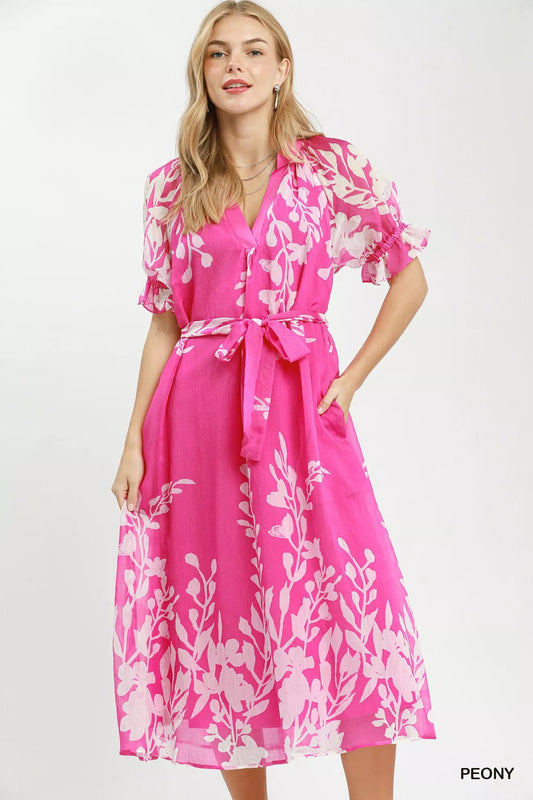Umgee Floral Print Tie Waist Midi Dress with Side Pockets - Bitsy Gypsy Boutique