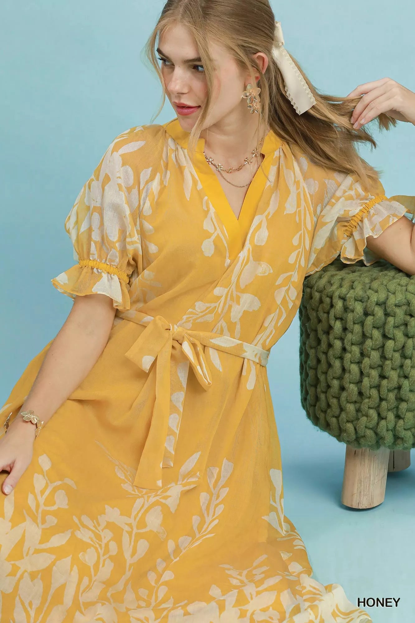 Umgee Floral Print Tie Waist Midi Dress with Side Pockets - Bitsy Gypsy Boutique