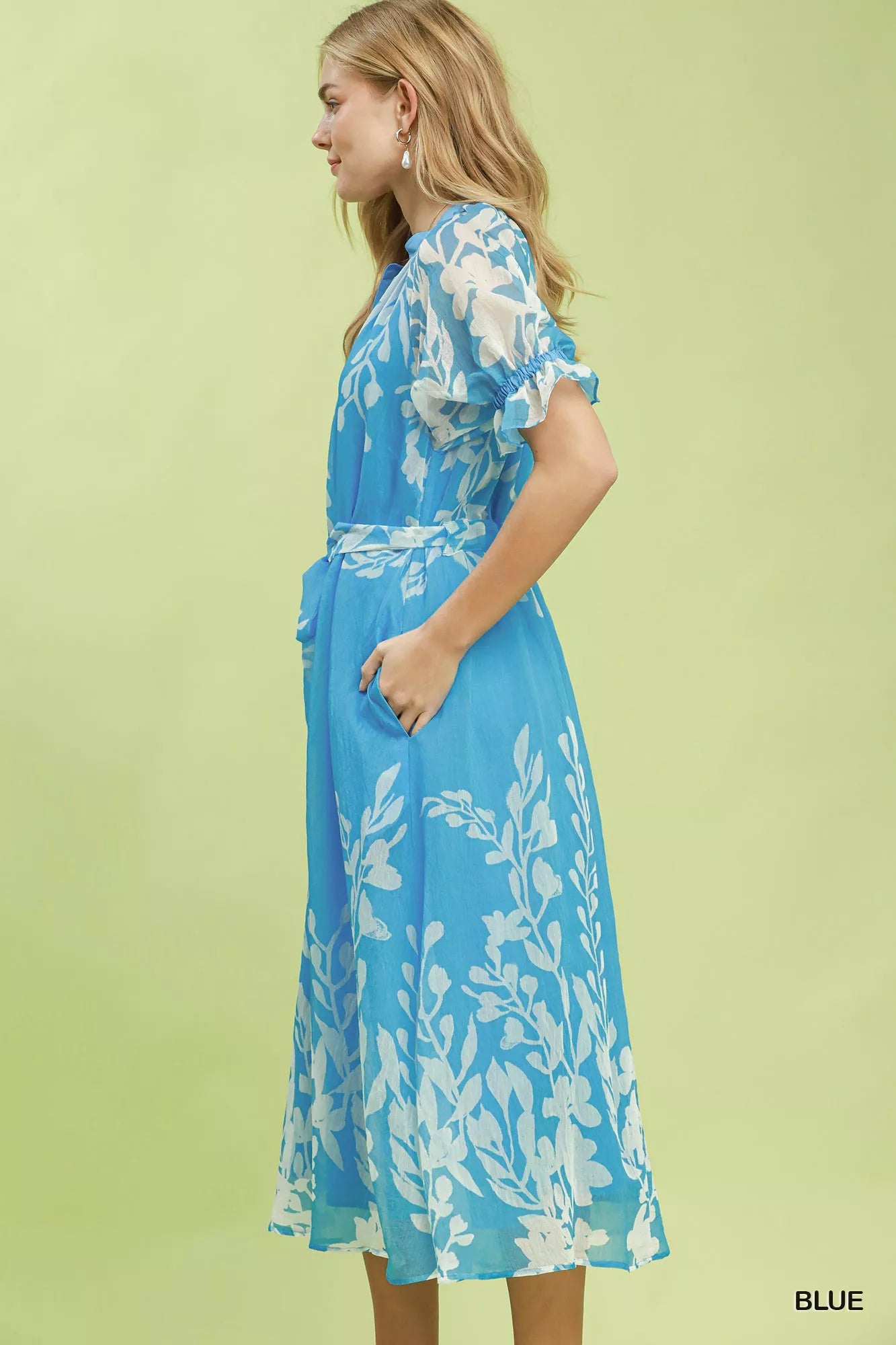 Umgee Floral Print Tie Waist Midi Dress with Side Pockets - Bitsy Gypsy Boutique
