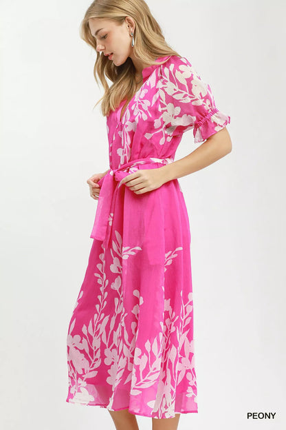 Umgee Floral Print Tie Waist Midi Dress with Side Pockets - Bitsy Gypsy Boutique