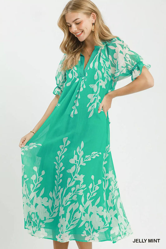 Umgee Floral Print Tie Waist Midi Dress with Side Pockets - Bitsy Gypsy Boutique