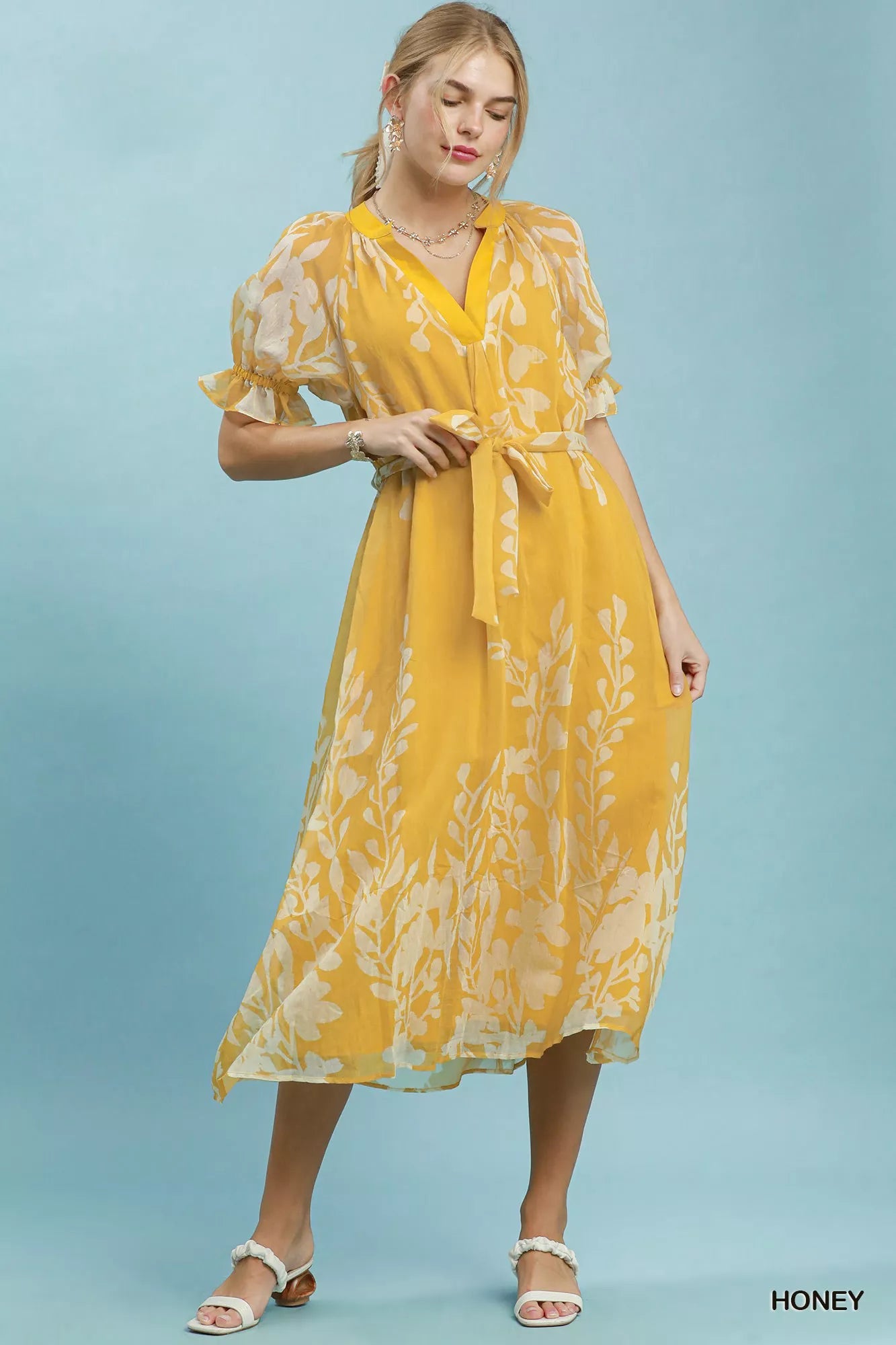 Umgee Floral Print Tie Waist Midi Dress with Side Pockets - Bitsy Gypsy Boutique