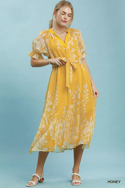 Umgee Floral Print Tie Waist Midi Dress with Side Pockets - Bitsy Gypsy Boutique
