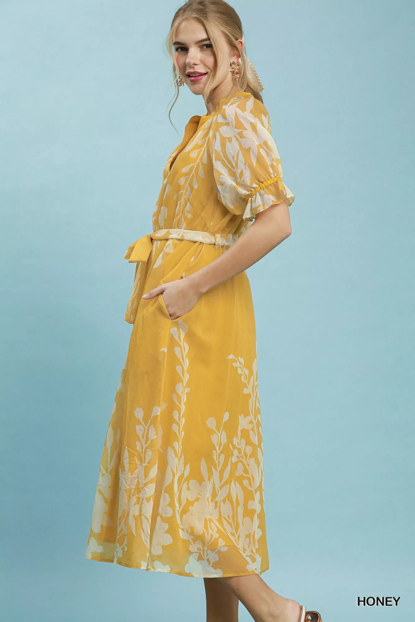 Umgee Floral Print Tie Waist Midi Dress with Side Pockets - Bitsy Gypsy Boutique