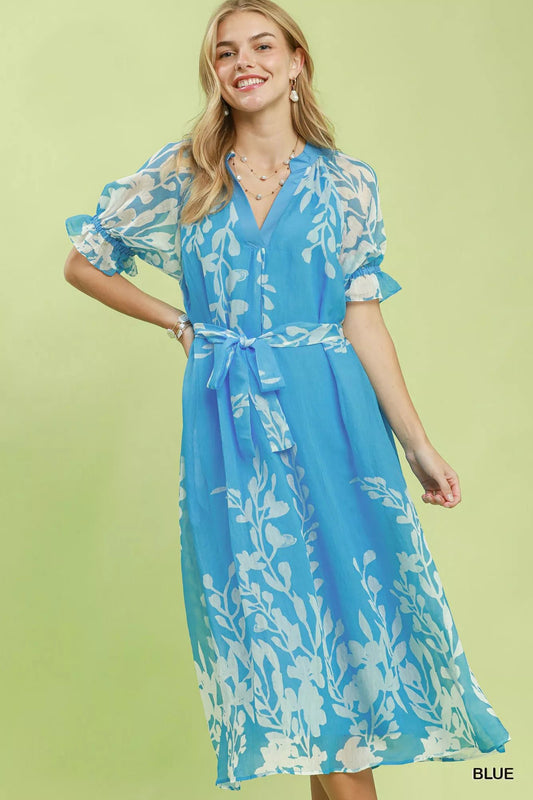 Umgee Floral Print Tie Waist Midi Dress with Side Pockets - Bitsy Gypsy Boutique