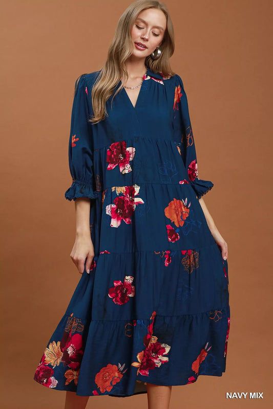 Umgee Floral Print Tiered Midi Dress with Puff Sleeves - Bitsy Gypsy Boutique