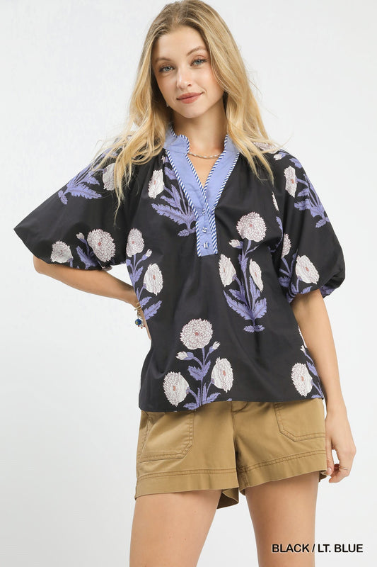 Umgee Floral Print V - Neck Top - Bitsy Gypsy Boutique