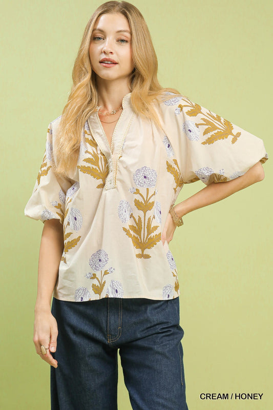 Umgee Floral Print V - Neck Top - Bitsy Gypsy Boutique