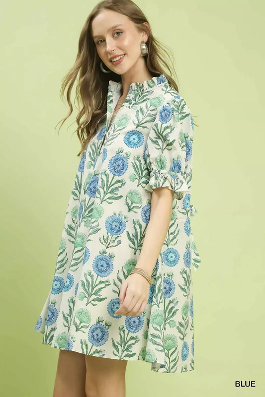 Umgee Floral Puff Sleeve Babydoll Dress with Side Pockets - Bitsy Gypsy Boutique