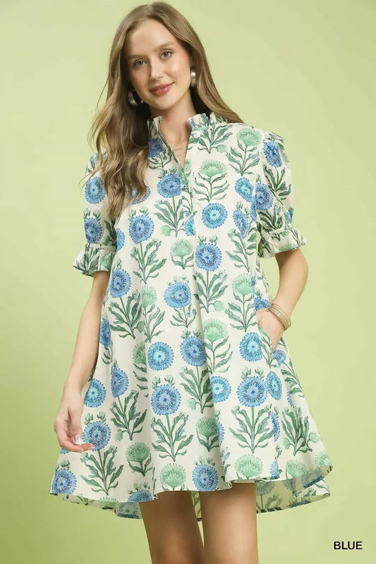 Umgee Floral Puff Sleeve Babydoll Dress with Side Pockets - Bitsy Gypsy Boutique