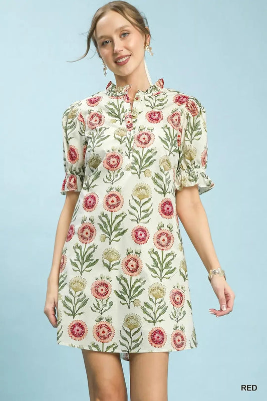 Umgee Floral Puff Sleeve Babydoll Dress with Side Pockets - Bitsy Gypsy Boutique