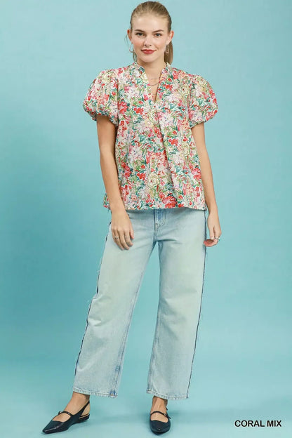 Umgee Floral Puff Sleeve Blouse - Bitsy Gypsy Boutique