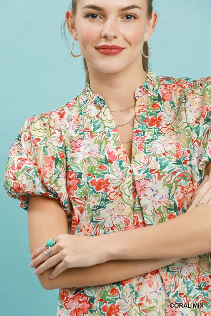 Umgee Floral Puff Sleeve Blouse - Bitsy Gypsy Boutique