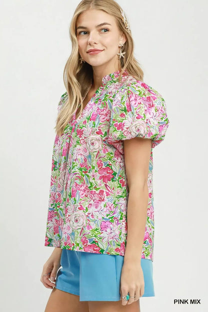 Umgee Floral Puff Sleeve Blouse - Bitsy Gypsy Boutique