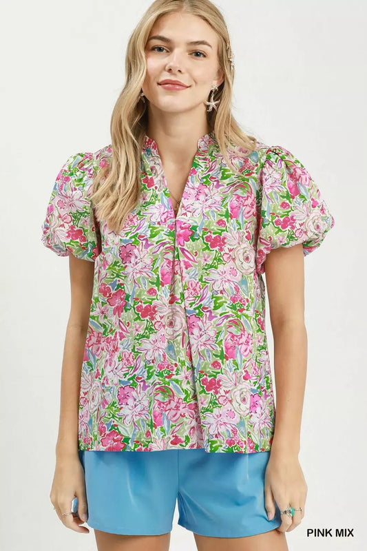 Umgee Floral Puff Sleeve Blouse - Bitsy Gypsy Boutique