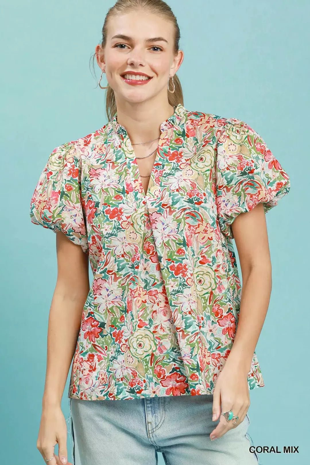 Umgee Floral Puff Sleeve Blouse - Bitsy Gypsy Boutique