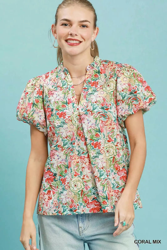 Umgee Floral Puff Sleeve Blouse - Bitsy Gypsy Boutique
