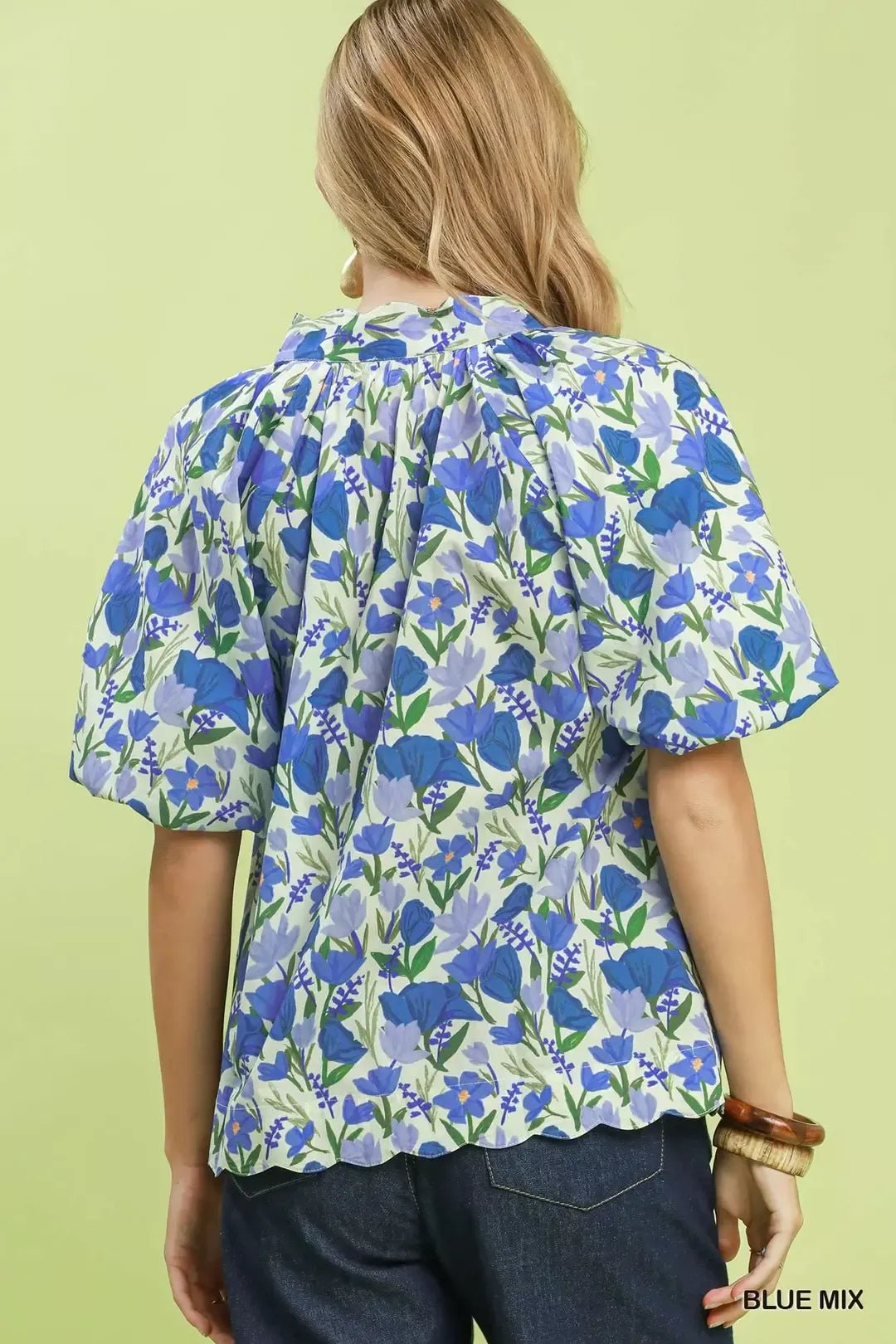 Umgee Floral Puff Sleeve Blouse with Scalloped Details - Bitsy Gypsy Boutique