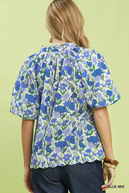 Umgee Floral Puff Sleeve Blouse with Scalloped Details - Bitsy Gypsy Boutique