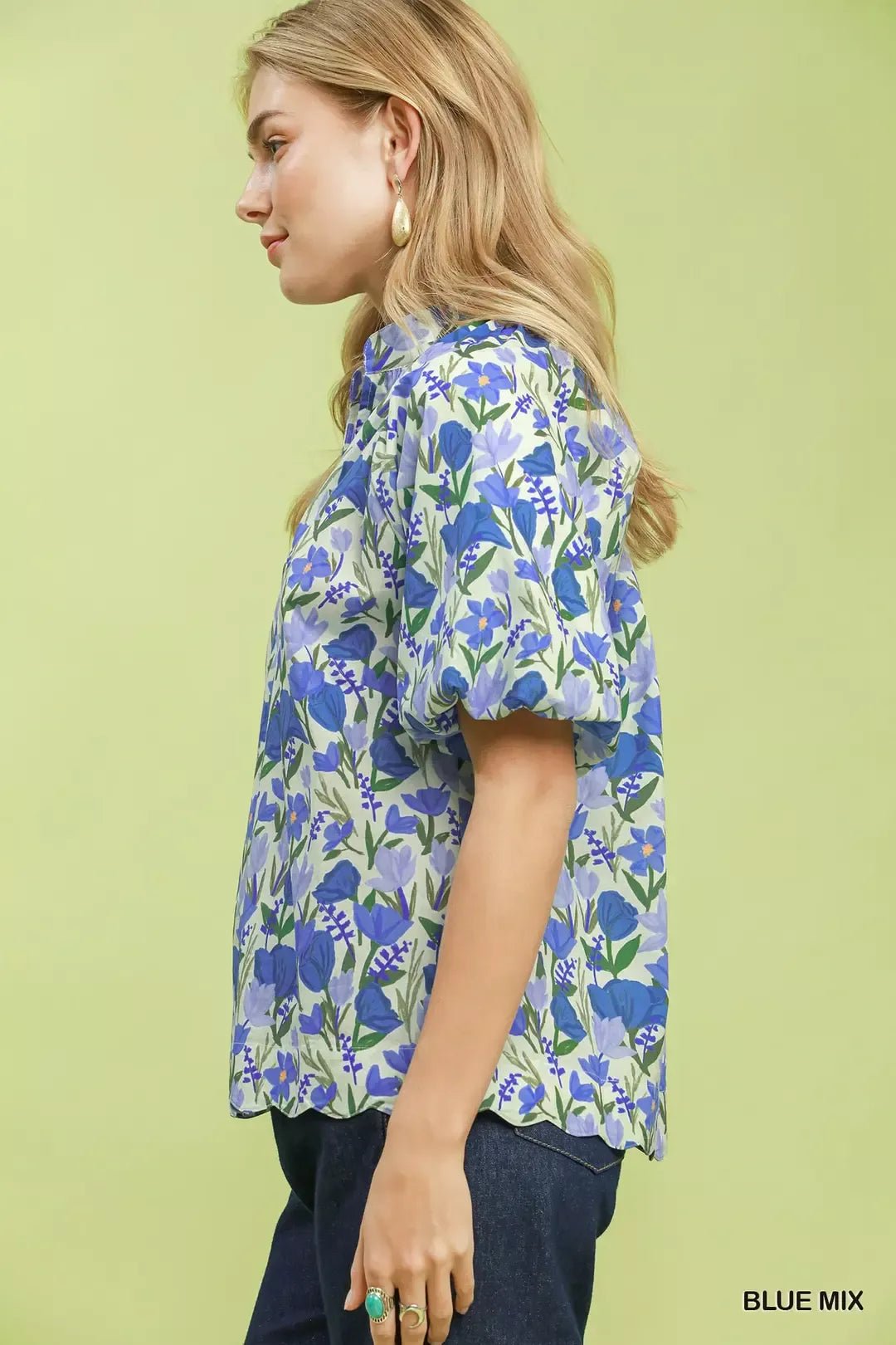 Umgee Floral Puff Sleeve Blouse with Scalloped Details - Bitsy Gypsy Boutique