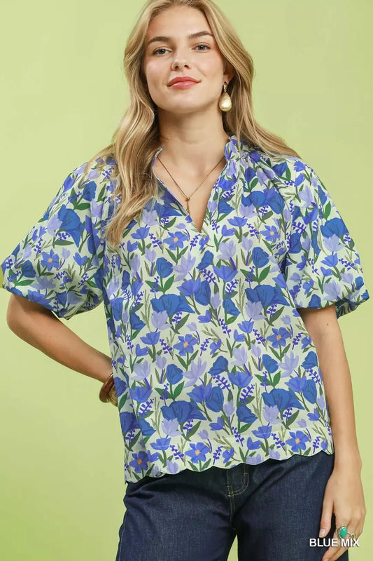 Umgee Floral Puff Sleeve Blouse with Scalloped Details - Bitsy Gypsy Boutique