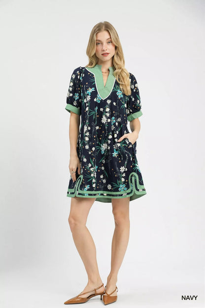Umgee Floral Puff Sleeve Dress with Contrast Trim - Bitsy Gypsy Boutique